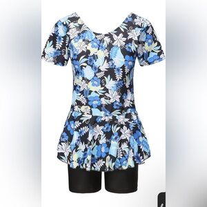 One Piece Swim Dress Modest Swimsuit Floral Leaf Prints, size 10-12